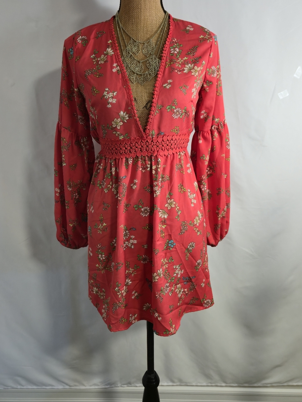Love Squared Coral Floral V-Neck Long Sleeve Mini Dress